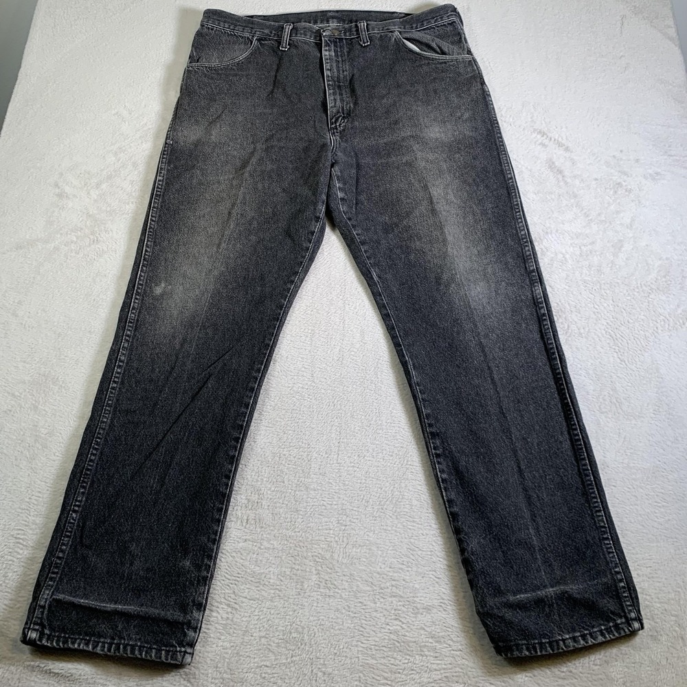 Vintage Rustler Jeans Mens 38X32 Black Gray Denim Relaxed Fit Made USA 90s